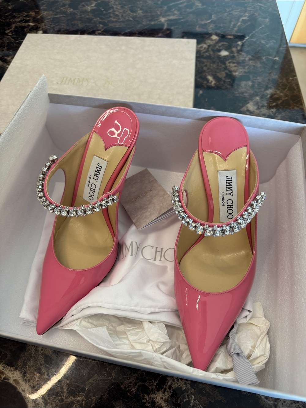 Jimmy Choo Pink Patent Crystal-Strap Pointed-Toe Mules
